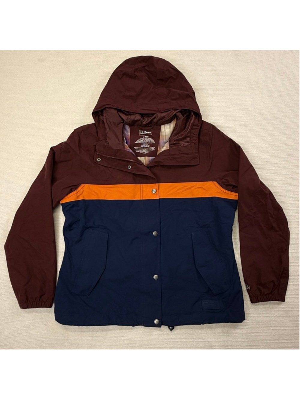 Women's L.L.Bean Mountain Classic Rain Jacket Large Maroon Navy Plaid Lining